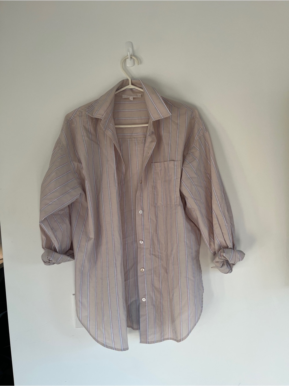 Olivaceous Beige Striped Button-Down Shirt with Red & Blue Accents